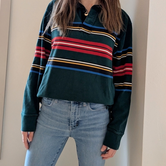 Vintage J. Crew Striped Rugby Polo Corduroy Collared Henley In Forest Green